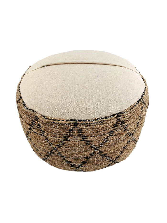 ⁦Natural and Black Color Playroom Jute & Cotton Pouf - PF 048 (50x50x30cm)⁩ - الصورة ⁦2⁩