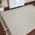 Elegant natural white wool & cotton woven rug with fringes - SRN 005 (200x300cm) by Ramsha Home
