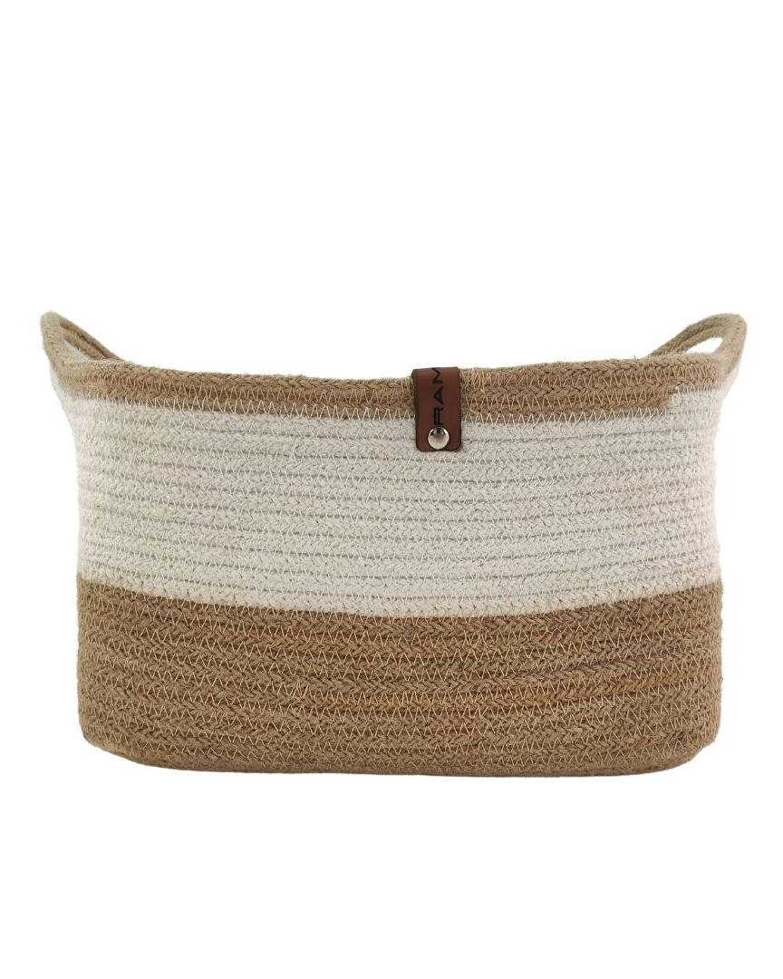 basket (dubai) Natural and White Handmade Jute and Cotton Basket with Handle for Kids Toy Storage - BS 005 (30x20x20cm) - Image 2