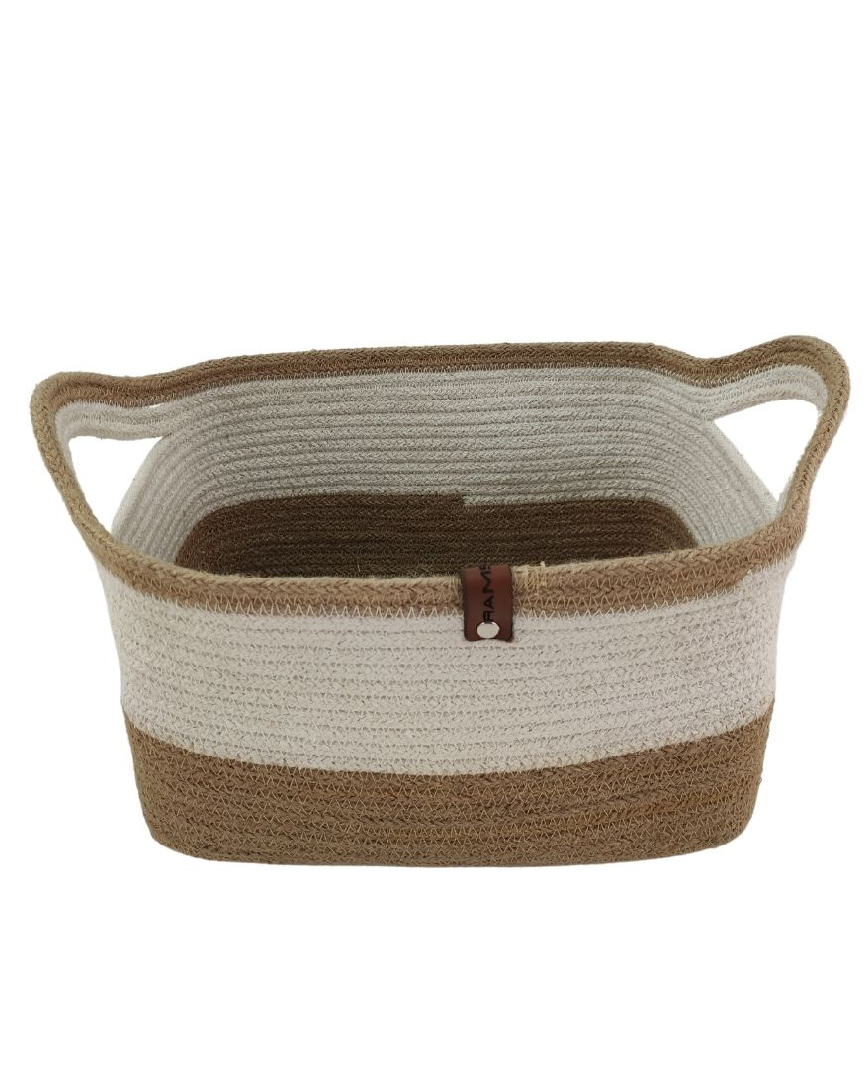 basket (dubai) Natural and White Handmade Jute and Cotton Basket with Handle for Kids Toy Storage - BS 005 (30x20x20cm) - Image 1