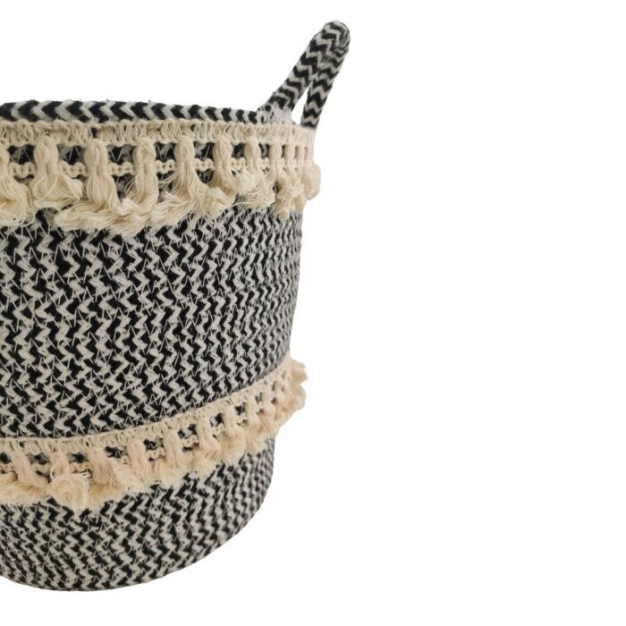 White and Black Handmade Cotton Basket with Handle for Kids Toy Storage - BS 009 (25x20x25cm) - Image 3
