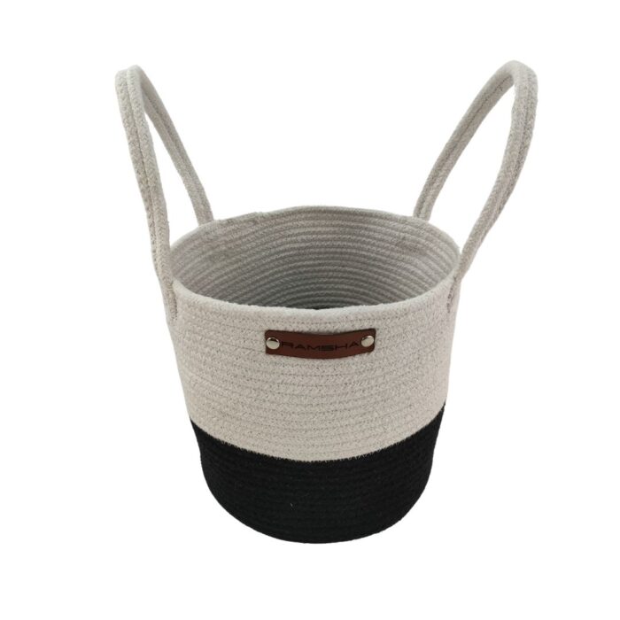 White and Black Handmade Cotton Basket with Handle for Kids Toy Storage - BS 006 (25x25cm) - Image 3