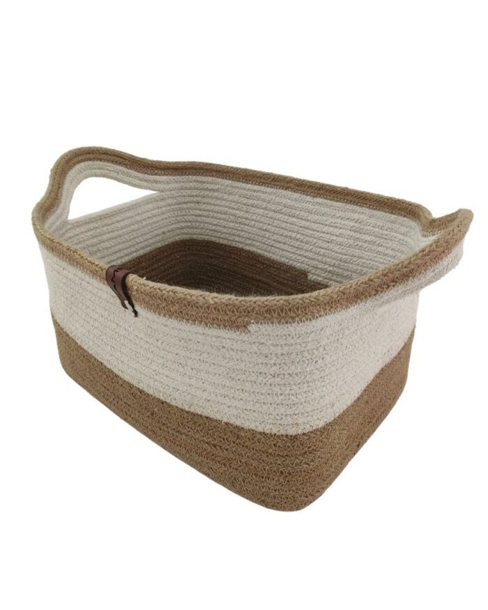 Natural and White Handmade Jute and Cotton Basket with Handle for Kids Toy Storage - BS 005 (30x20x20cm) - Image 3