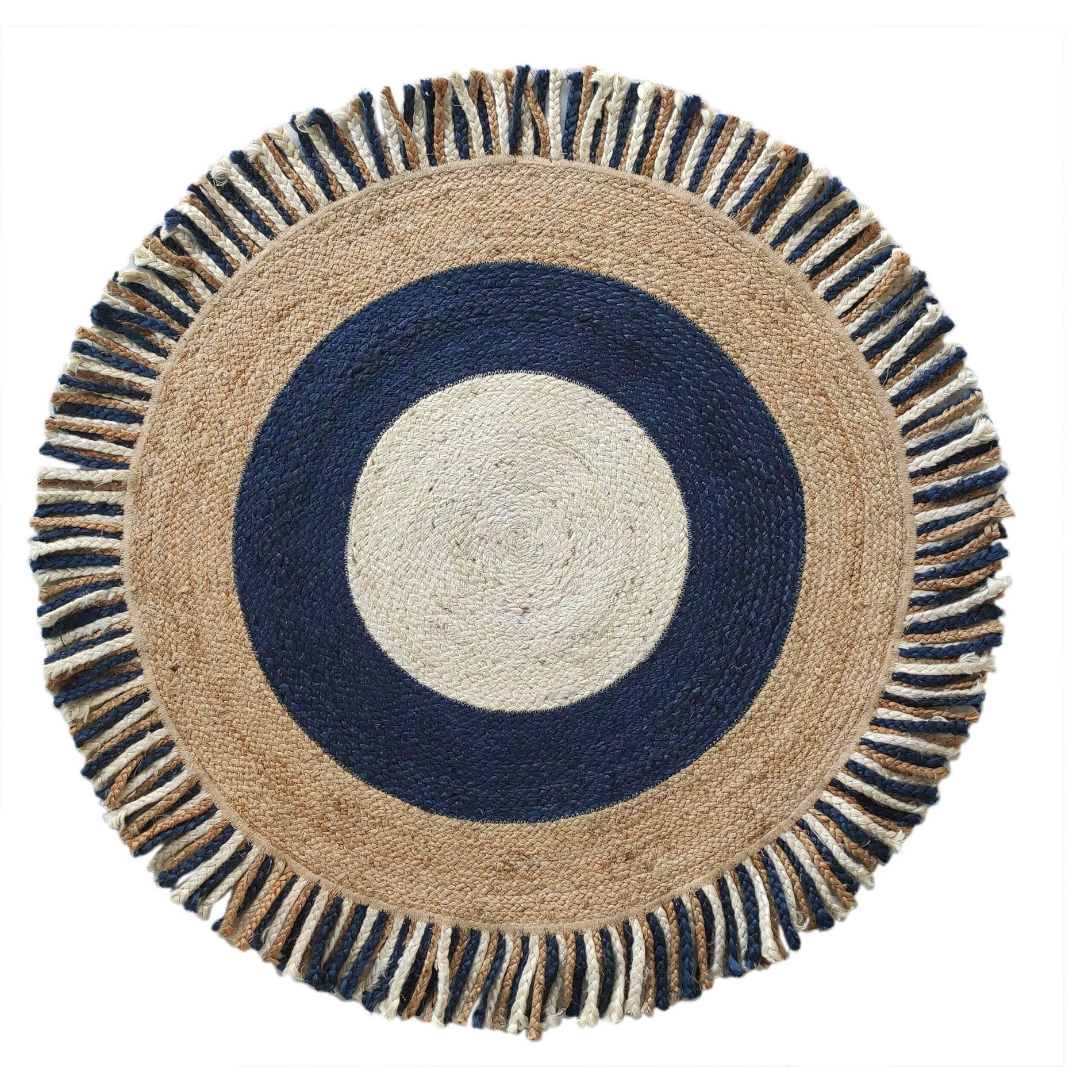 Handmade Jute Rug BR 001, Natural, White, And Blue Color, Round Shape