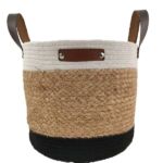White, Natural, and Black Handmade Jute and Cotton Basket with Leather Handle - BS 010 (25x25cm)