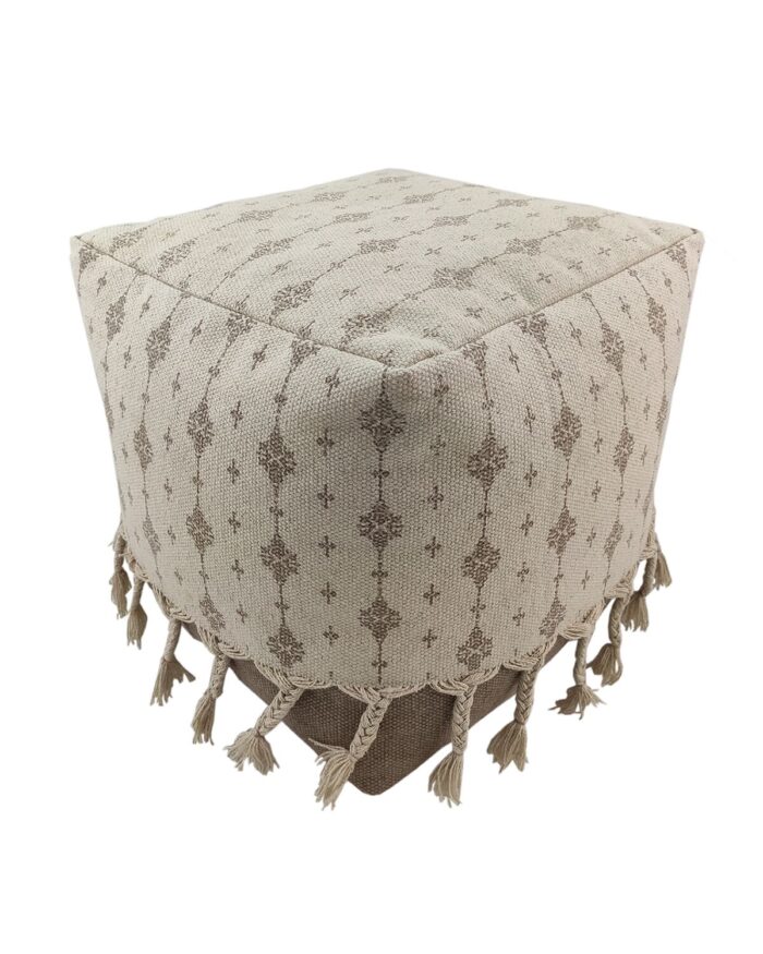 ⁦White and Beige Color Cotton Playroom Pouf with Tassel - PF 077 (40x40x40cm)⁩ - الصورة ⁦1⁩