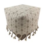 White and Beige Color Cotton Playroom Pouf with Tassel - PF 077 (40x40x40cm)