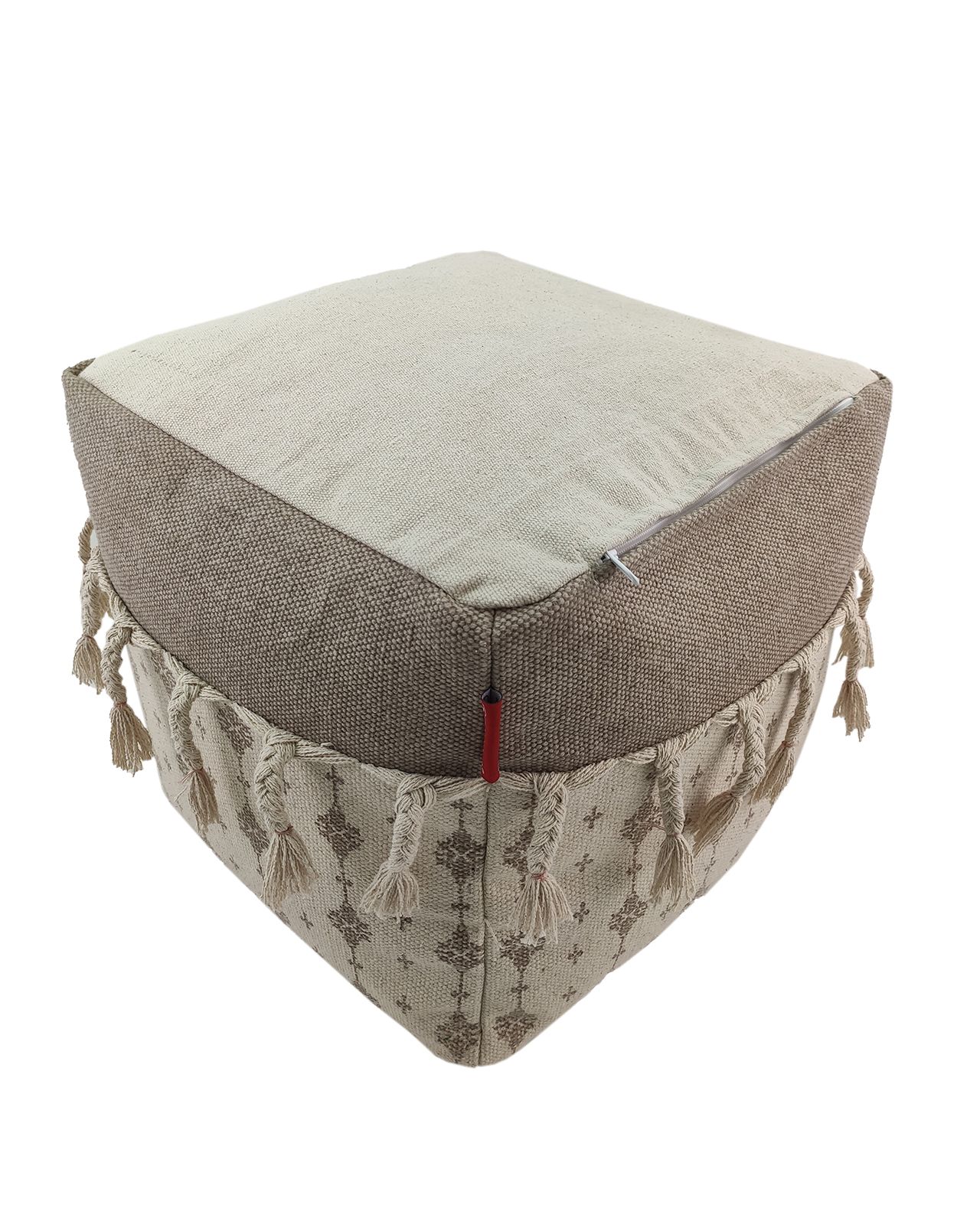 IMG_20220716_104627.jpg White and Beige Color Cotton Playroom Pouf with Tassel - PF 077 (40x40x40cm) - الصورة 4