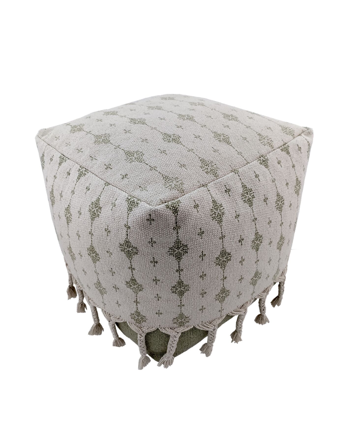 IMG_20220810_114005.jpg White and Green Color Study Room Pouf with Tassel - PF 076 (40x40x40cm) - Image 1