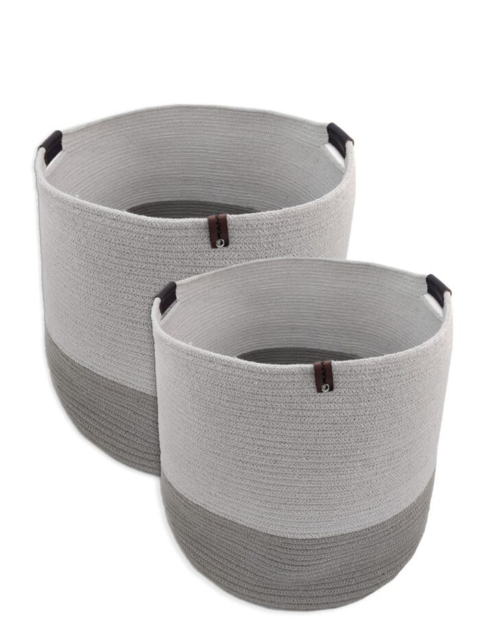 ⁦White & Grey Handmade Cotton Basket with Handle - BS 019⁩ - الصورة ⁦4⁩