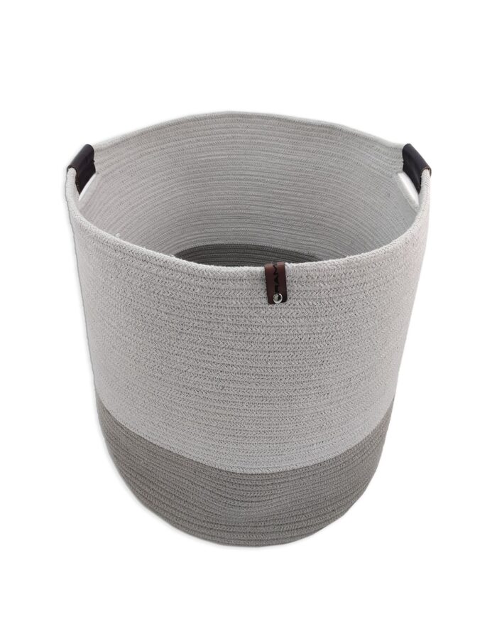 ⁦White & Grey Handmade Cotton Basket with Handle - BS 019⁩ - الصورة ⁦1⁩