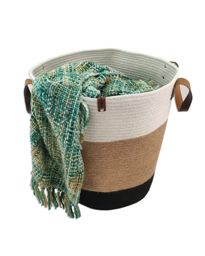 ⁦Natural, White & Black Jute & Cotton Basket - BS 018 (50Dx40Hcm)⁩ - الصورة ⁦4⁩