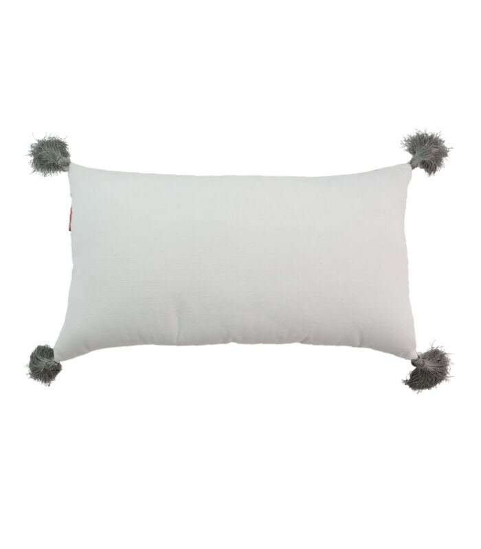 Modern 30x90cm polyester cushion in white and grey with tassels and filler, CS-139, designed for window seating and cafe areas by Ramsha Home.
