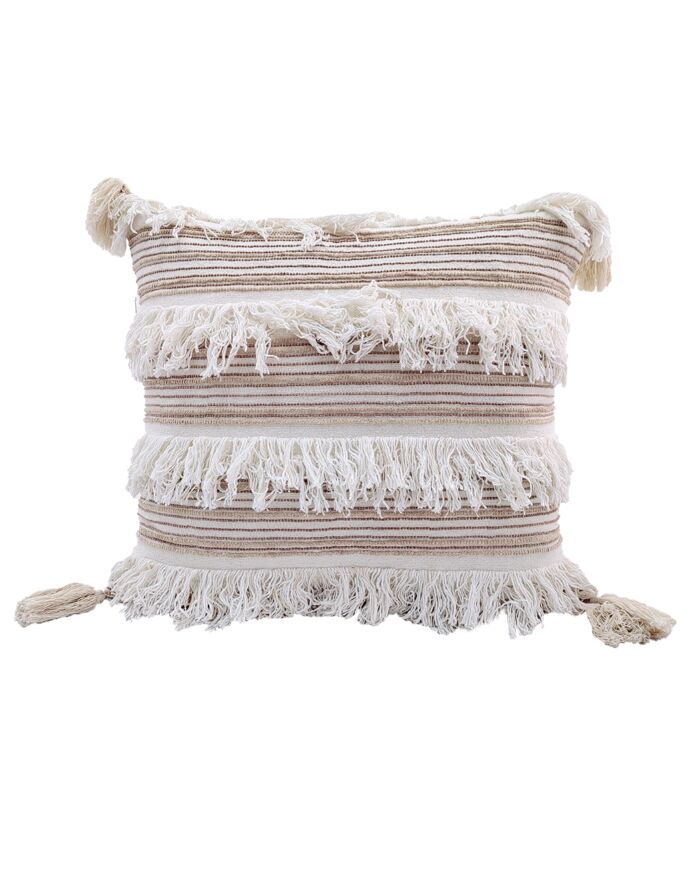 Beautiful 45x45cm cotton and acrylic cushion with natural color, embroidery, and tassels, CS-152, perfect for adding elegance to bed and couch by Ramsha Home.