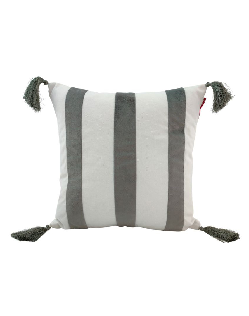 Chic 45x45cm Polyester Cushion with Tassels for Cafe Decor (CS-139) by Ramsha Home Chic 45x45cm polyester cushion with modern design and tassels, cafe white and grey, CS-139, perfect for enhancing cafe decor by Ramsha Home.