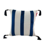 Trendy 45x45cm polyester cushion with white and blue colors, tassels, and filler, CS-137, designed for cafes and window seating by Ramsha Home.