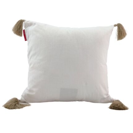 Stylish 45x45cm polyester cushion with tassels, white and light beige, Design Code CS-136, ideal for enhancing living room decor by Ramsha Home.
