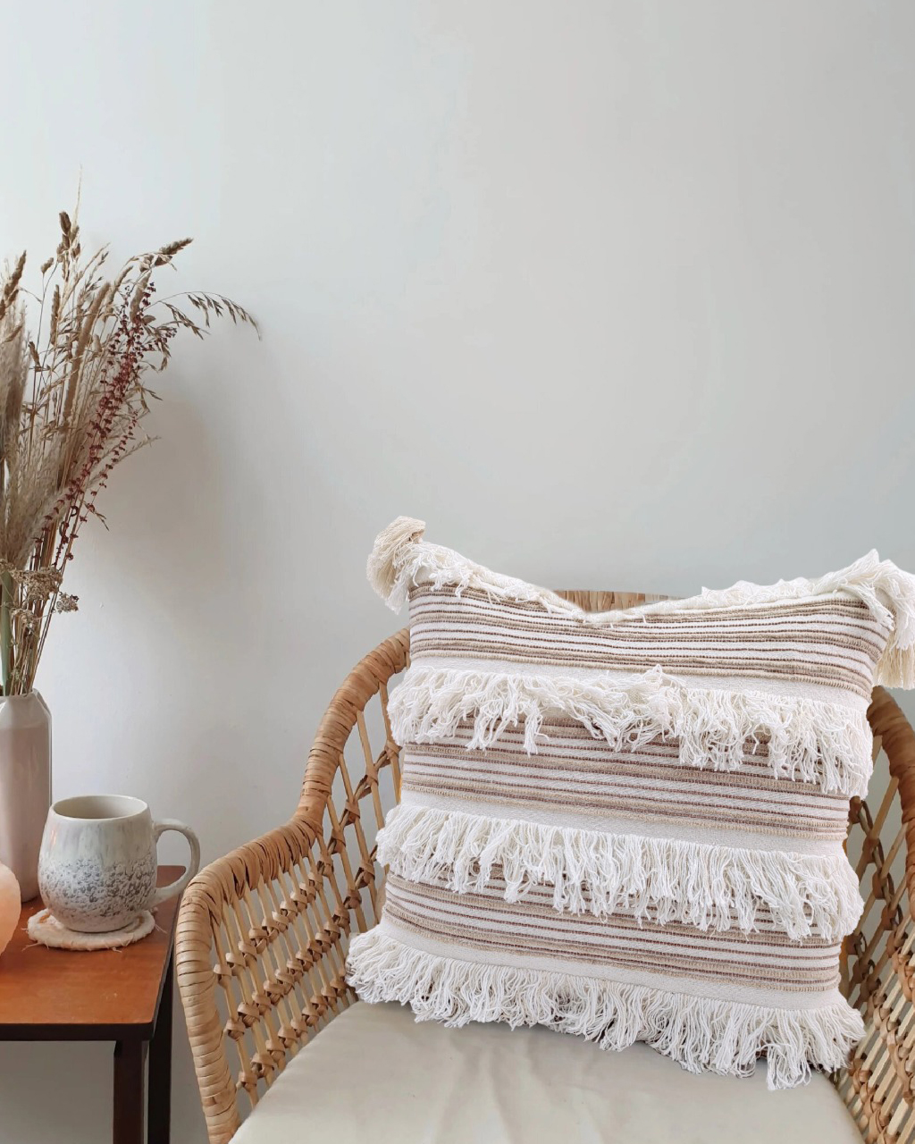 Elegant 45x45cm Cotton and Acrylic Cushion with Embroidery and Tassels (CS-152) for Bed and Couch by Ramsha Home Elegant 45x45cm cotton and acrylic cushion with embroidery and tassels in natural color, CS-152, perfect for bed and couch by Ramsha Home.