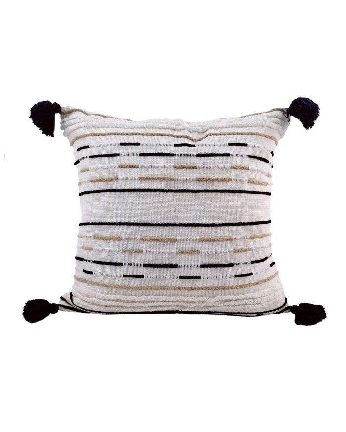 Chic 45x45cm cushion with embroidery and tassels in white, made of cotton and acrylic, CS-151, ideal for bed and couch decor by Ramsha Home.