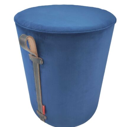 Handcrafted polyester pouf with leather handle PF-024 blue color By Ramsha Home