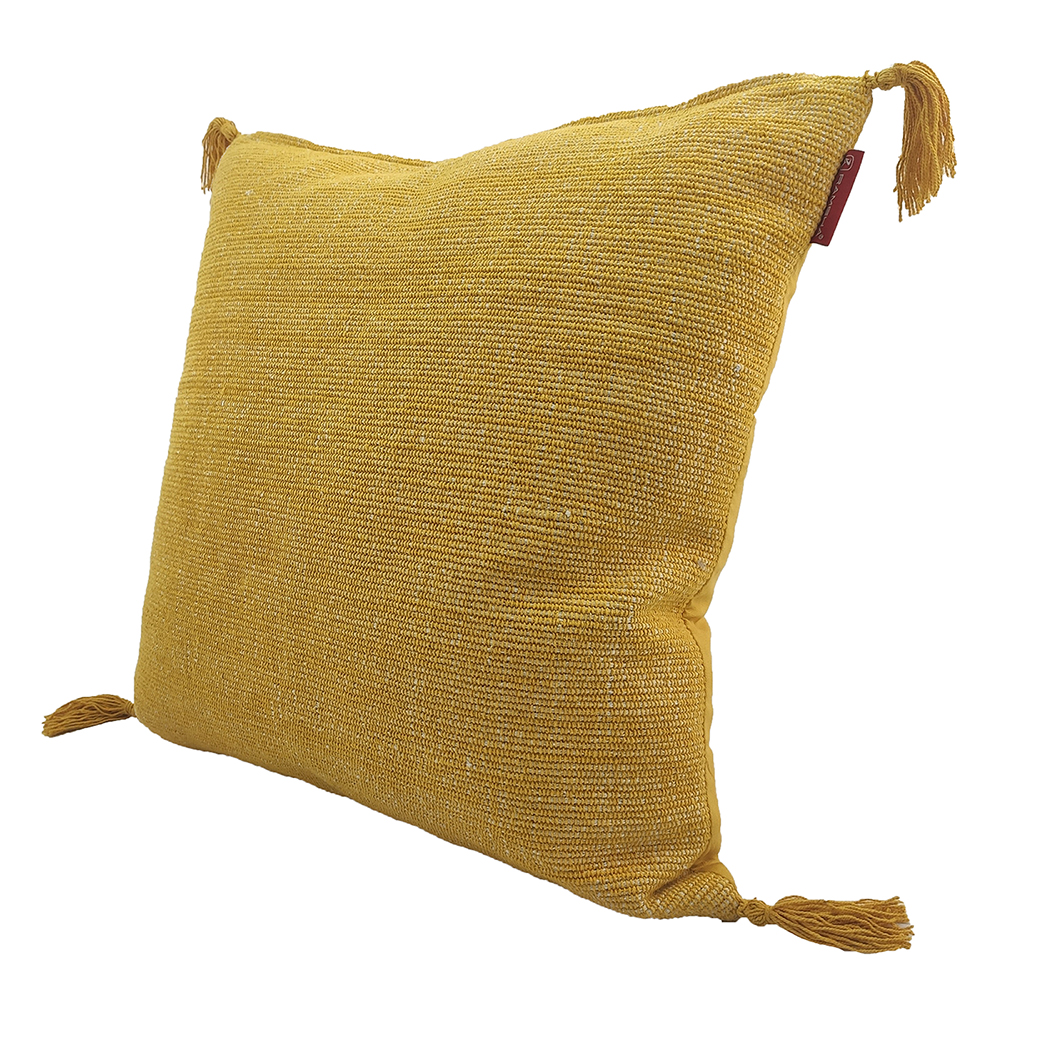 Comfortable Cushion with Tassels for Window Seat, Bed or Floor (55X55cm) Square Cotton Cushion with Filler and Tassels in Yellow