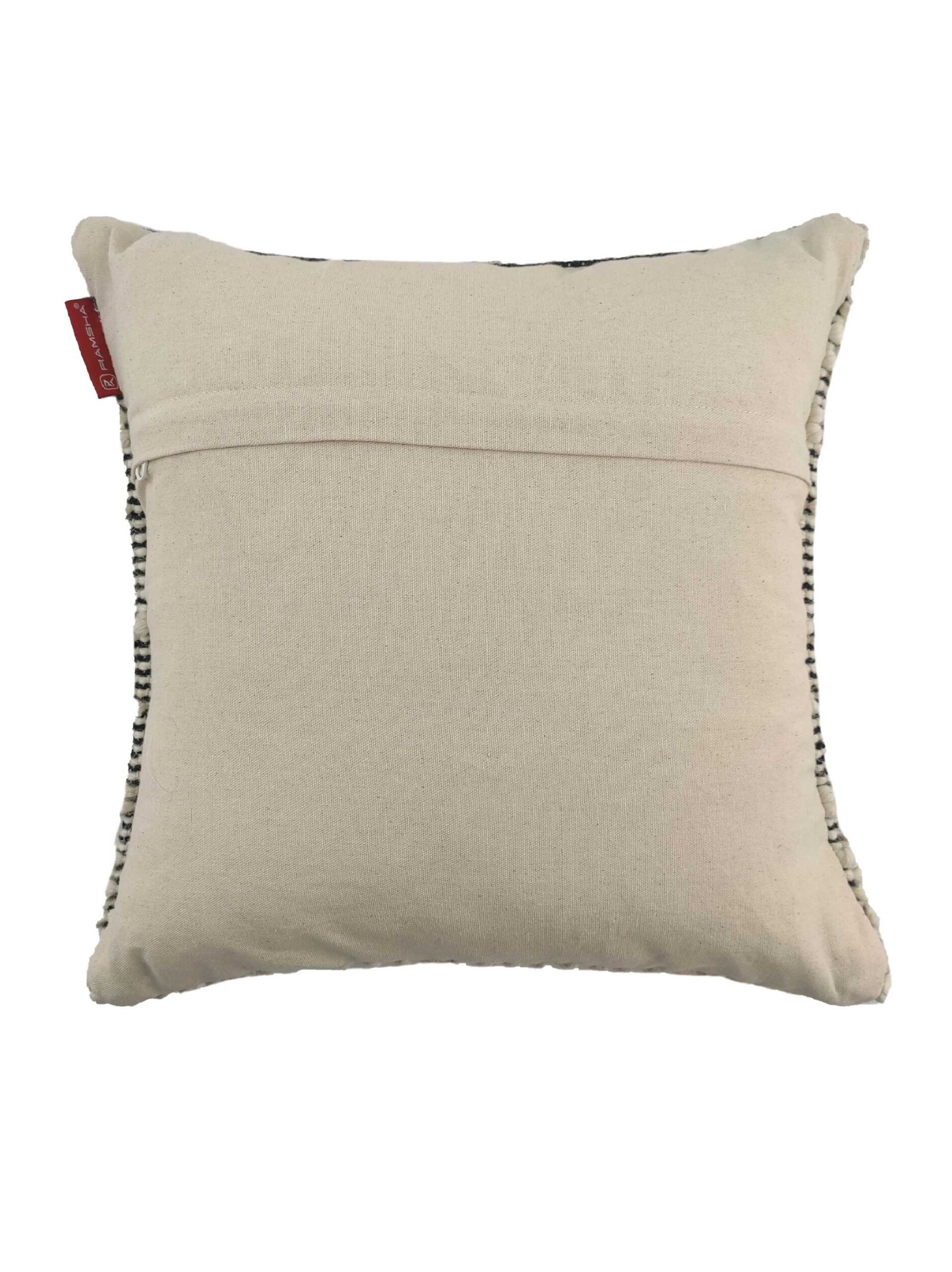 Handmade 45x45cm Cotton and Wool Woven Cushion (CS-050) by Ramsha Home Handmade 45x45cm cotton and wool cushion with woven design in natural and black, CS-050, ideal for living room and bedroom by Ramsha Home.