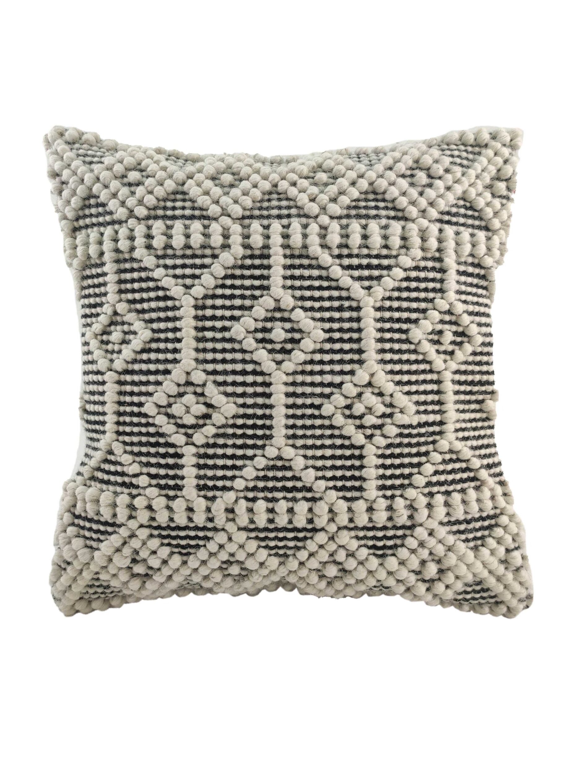 Chic 45x45cm Woven Cotton and Wool Cushion for Living Room and Bedroom (CS-050) by Ramsha Home Chic 45x45cm woven cotton and wool cushion, natural and black, CS-050, suitable for living room and bedroom decor by Ramsha Home.