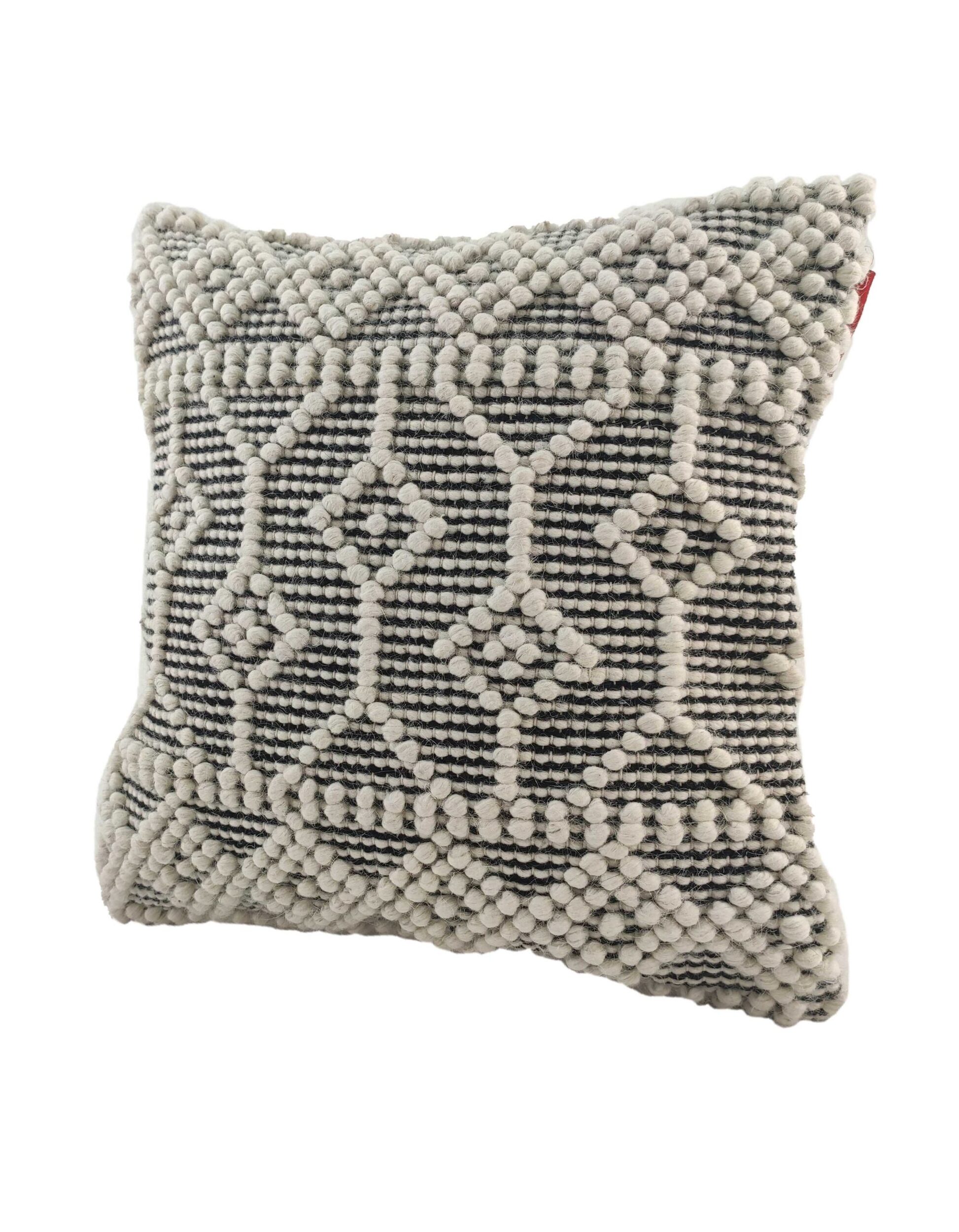 Sophisticated 45x45cm Handmade Cotton and Wool Cushion (CS-050) by Ramsha Home Sophisticated 45x45cm handmade cushion with cotton and wool blend, natural and black, CS-050, ideal for bedroom and couch by Ramsha Home.