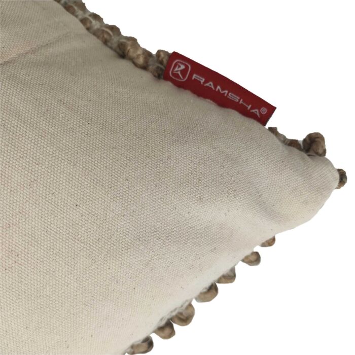 Handmade 40x40cm jute cushion in natural color, CS-049, with a woven texture, ideal for indoor, outdoor, cafe, and party decor by Ramsha Home.