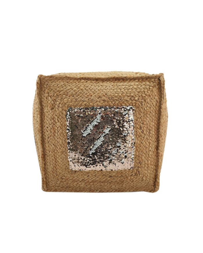 Natural color jute sequin area pouf, 40x40x40cm.