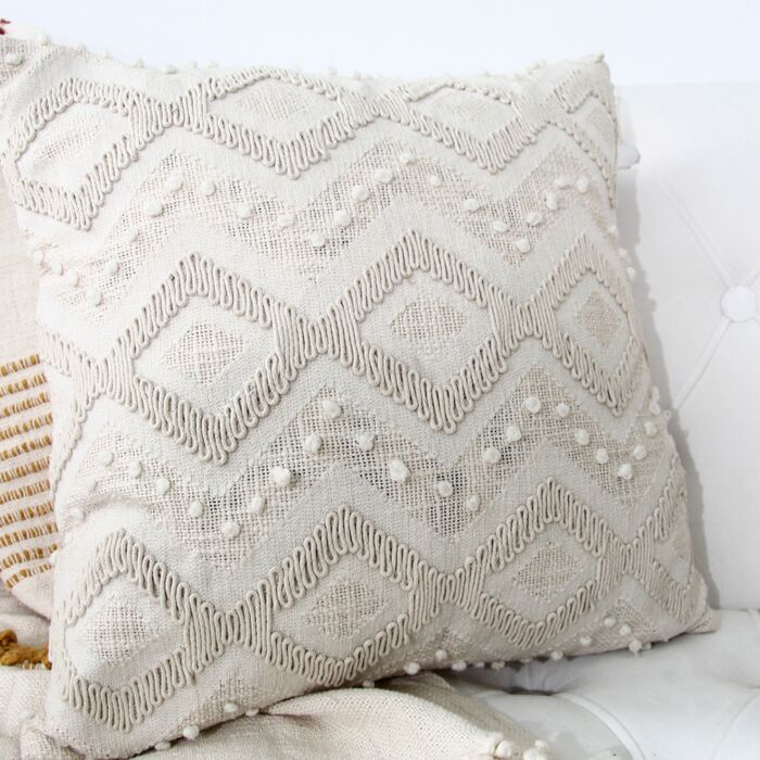 White cotton cushion CS-264 with embroidery, 45x45cm, ideal for car and sofa decor by Ramsha Home.
