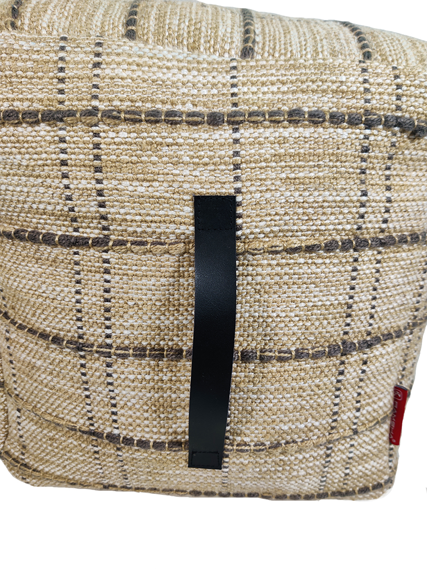 Multi-Color Home Polyester Pouf with Leather Handle PF-108 (50x50x30cm) Multi-color home polyester pouf PF-108 with leather handle, 50x50x30cm - stylish and functional seating by Ramsha Home.