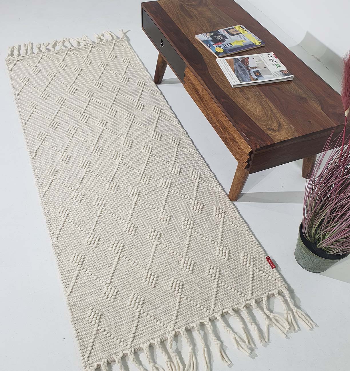Stylish Natural White Hand-Woven Wool and Cotton Rug SRN-005 - Ramsha Home Natural White Color Wool & Cotton Woven Rug - SRN 005 (80x200cm)