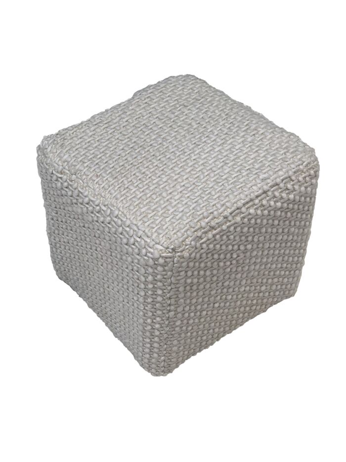 Elegant white pouf PF-130, 40x40x40cm, polyester and cotton blend, ideal for modern home interiors by Ramsha Home.