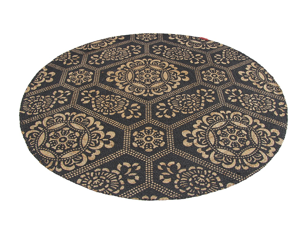 Stylish Braided Jute Printed Floor Round Rug BR 066 in Natural & Black Color (120 cm) by Ramsha Home Stylish handmade round rug BR 066 with natural and black braided jute print, 120 cm by Ramsha Home