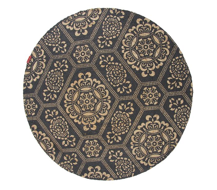 Handmade Natural & Black Color Braided Jute Printed Floor Round Rug - BR 066 (120 cm)