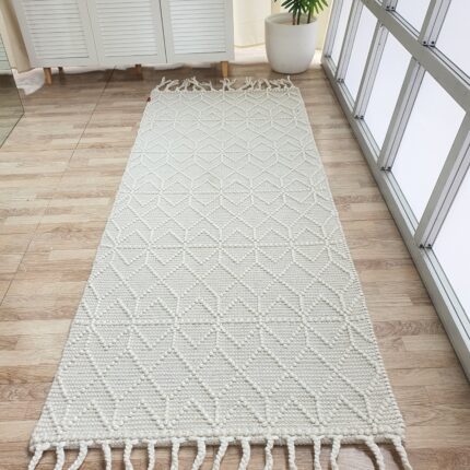 Premium quality natural white bedroom woven rug with fringes SRN 007 (80x200cm) by Ramsha Home