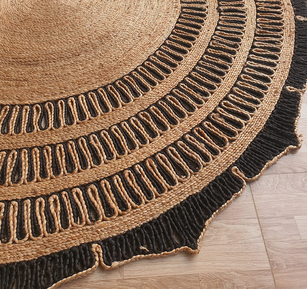 Natural & Black Crochet Jute Floor Round Rug - CR 012 (200cm) by Ramsha Home Natural and black crochet jute floor round rug - CR 012 (200cm) by Ramsha Home