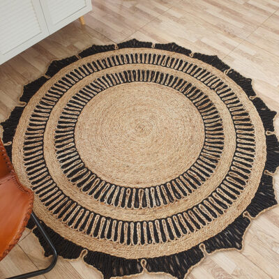 Handmade Natural & Black Jute Round Rug CR-012 (200cm) - Eco-Friendly Decor Handmade natural and black jute floor rug CR-012 (200cm) for home decor