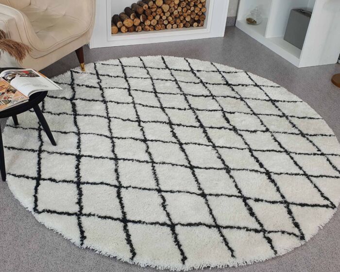 Ramsha Home's White and Black Line Shaggy Rug in Cold Area House - Polyester & Cotton Blend - 150 CM Round
