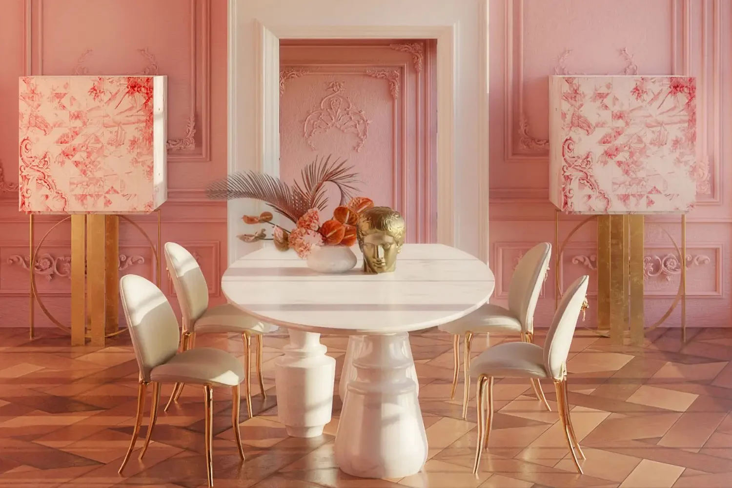 Barbiecore-inspired interior design featuring a pink sofa, metallic accents, and a luxurious Ramsha hand-knotted rug