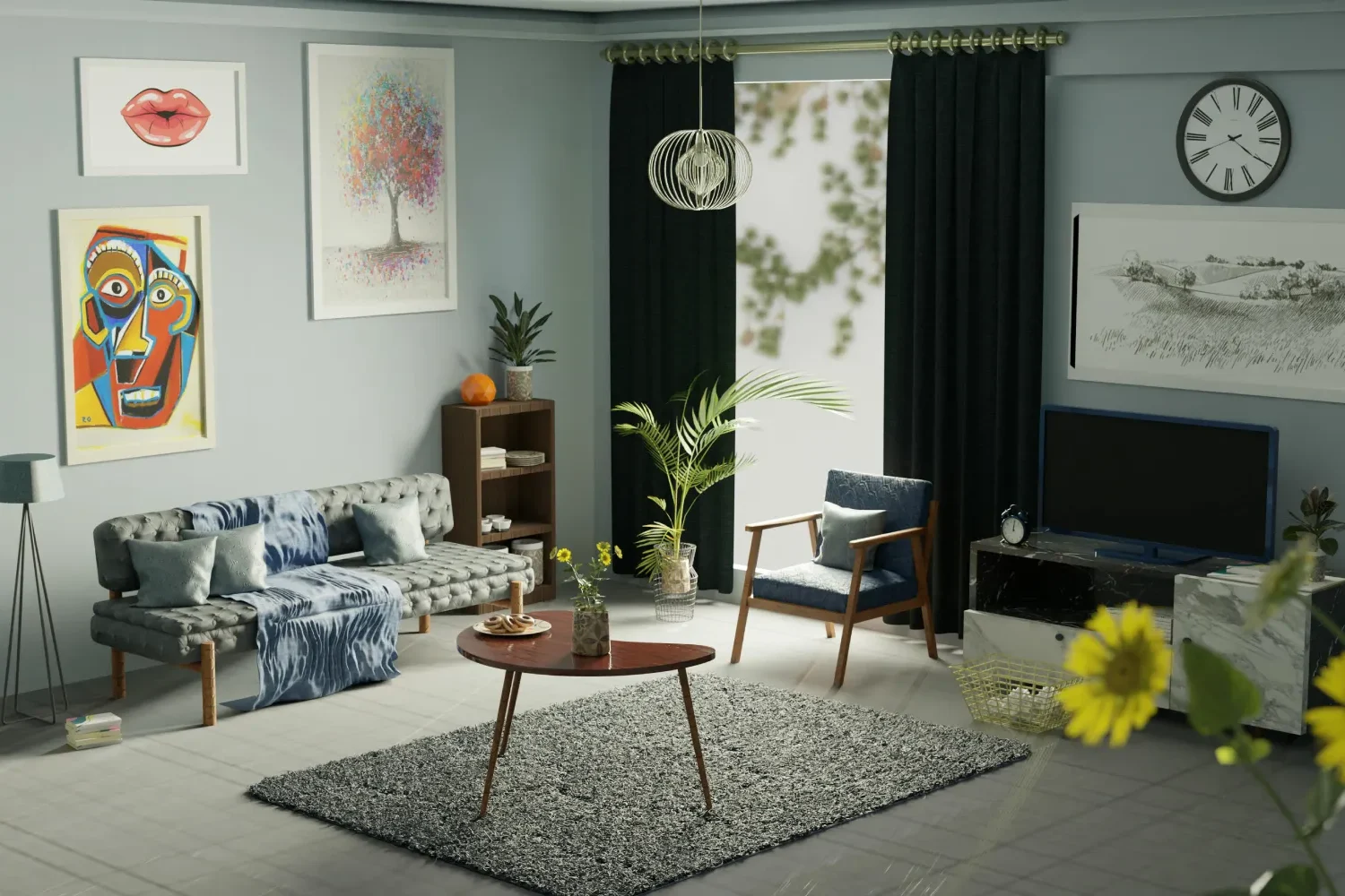 Abstract art rug in a modern home decor setting, complementing the room's artistic aesthetic.