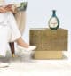 Golden square iron side table styled in a modern living room