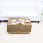 Angled top perspective of luxury rectangular iron side table with golden antique finish GH-087