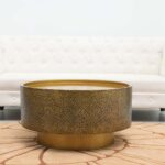 Side view of luxury round iron side table with golden brass antique finish GH-090