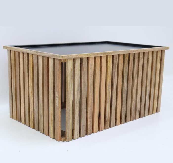 Close-up angled side view of modern wooden coffee table with iron frame and square slats