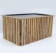 Close-up angled side view of modern wooden coffee table with iron frame and square slats