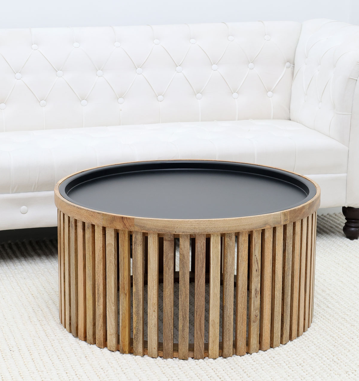 Side View – Modern Wooden & Iron Coffee Table GH-093 Straight side view of modern round wooden and iron coffee table with slatted design GH-093