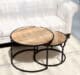 Angled top view of round wooden nesting coffee table with black metal frame GH-001
