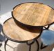 Top view of modern nesting coffee table set with round wooden tops and metal frame GH-001